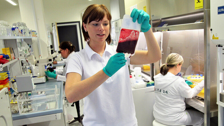 Labor der Nabelschnurblutbank
Vita34 in Leipzig. Vita34 lagert das Nabelschnur-Blut und weiteres Gewebe in Edelstahltanks mit flüssigem Stickstoff bei minus 190 Grad ein. Foto: