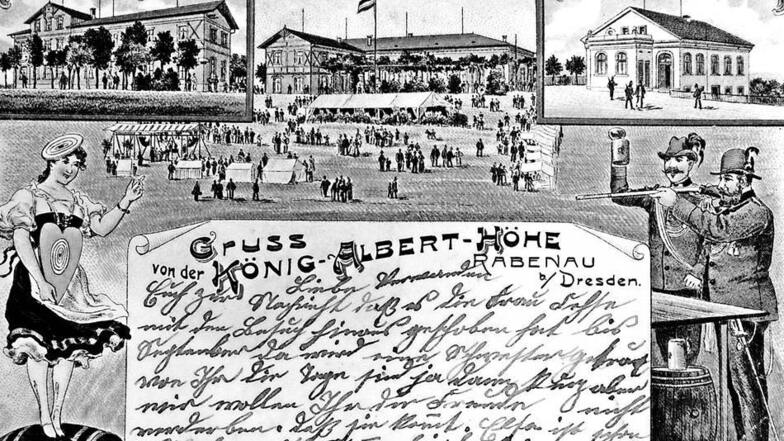 Ein Gruß vom Schützenfest im Jahr 1900 auf der Rabenauer „König-Albert-Höhe“. Rechts oben das Schießhaus der örtlichen Schützengesellschaft. Sammlung: Siegfried Huth