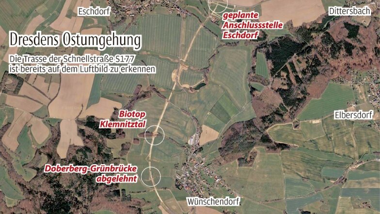 Dresdens Ostumgehung bei Wünschendorf und Eschdorf auf dem Satellitenbild. Gebaut wird noch nicht, doch die Trasse ist durch die Vorarbeiten bereits erkennbar.