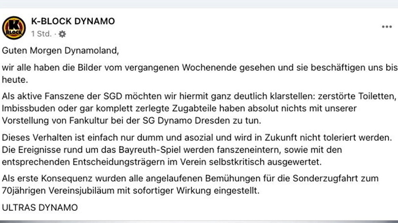 Die Ultras Dynamo haben sich über Facebook zu den Vorfällen in Bayreuth geäußert.