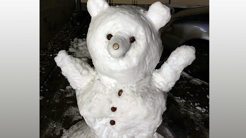 Der vierjährige Mats Bäurich aus Mügeln hat sich von seinem Vater diesen Schneebären bauen lassen.