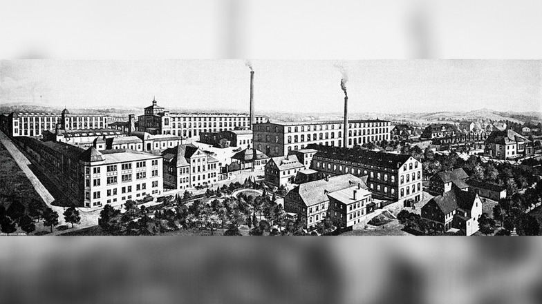 Die mechanische Weberei Kalauch in Cunewalde-Köblitz in ihrer Blütezeit, ein Foto aus dem im Lusatia-Verlag erschienenen Bildband „Vu Hoalbendurf bis a de Hoalbe“. Der Betrieb war Ausgangspunkt und Zentrum des Weberstreiks von 1901.
