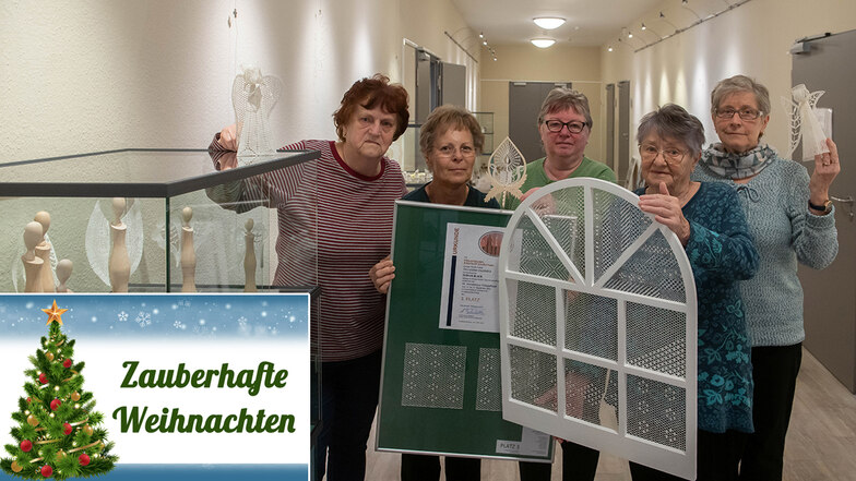 Die Klöppelgruppe aus dem Alberttreff Großenhain gewannt den dritten Platz bei den 34. Annaberger Klöppeltagen. V.l: Angela Richter, Ulrike Urban, Karin Wendt, Erika Ullmann und Erika Müller.