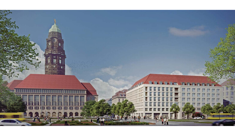 Großes Dach und Zwischengeschosse sollen bewusst an die Gestaltung des Neuen Rathauses in Dresden anknüpfen.
