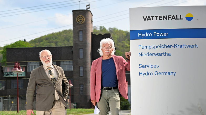 Der ehemalige Physik-Professor Sigismund Kobe und der Dresdner Stadtrat Claus Lippmann wollen das Pumpspeicherkraftwerk in NIederwartha retten.
