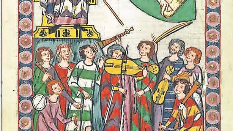 Heinrich von Meißen, genannt Frauenlob, ist im Codex Manesse als Dichterfürst auf dem Thron abgebildet. Er dirigiert die Musiker und Sänger. Entstanden ist das Blatt um 1330.