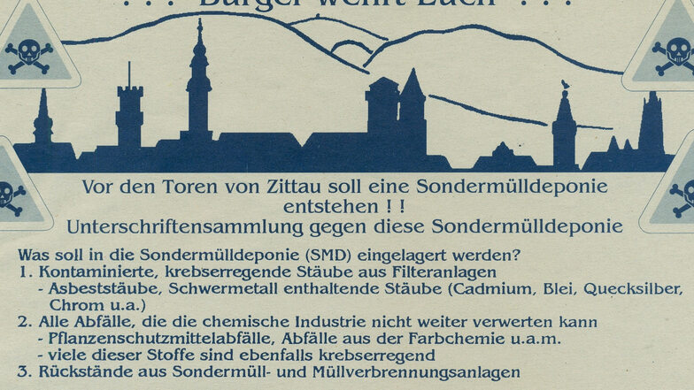 Mit diesem Flugblatt und 15.000 gesammelten Unterschriften wehrten sich umweltbewusste Bürger im März 1994 gegen eine mögliche Sondermülldeponie in der Nähe von Mittelherwigsdorf.