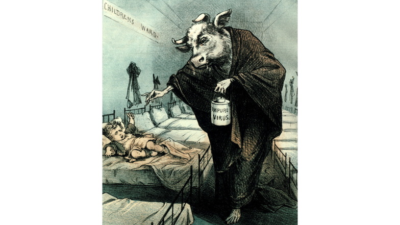 Impfgegner-Karikatur von 1880. Die Impfung mit harmlosen Kuhpocken zum Schutz vor gefährlichen Menschenpocken machte damals vielen Menschen Angst. Kolorierte Lithographie von Joseph Keppler.