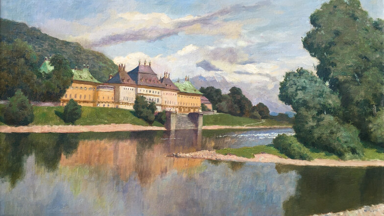 Den „Blick auf Schloss Pillnitz“ über die Elbe mit der Insel malte Hochmann von der Kleinzschachwitzer Seite aus.