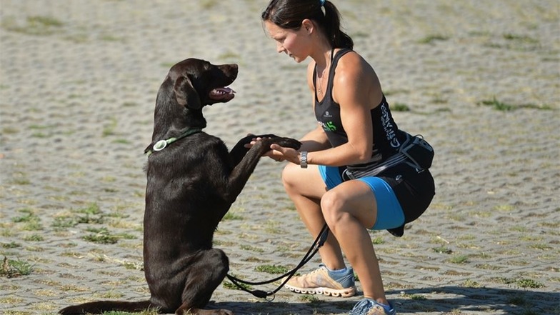 Während der Hund sich vor allem mental auf das Pfötchengeben konzentrieren muss, trainiert sein Frauchen ihre Muskeln