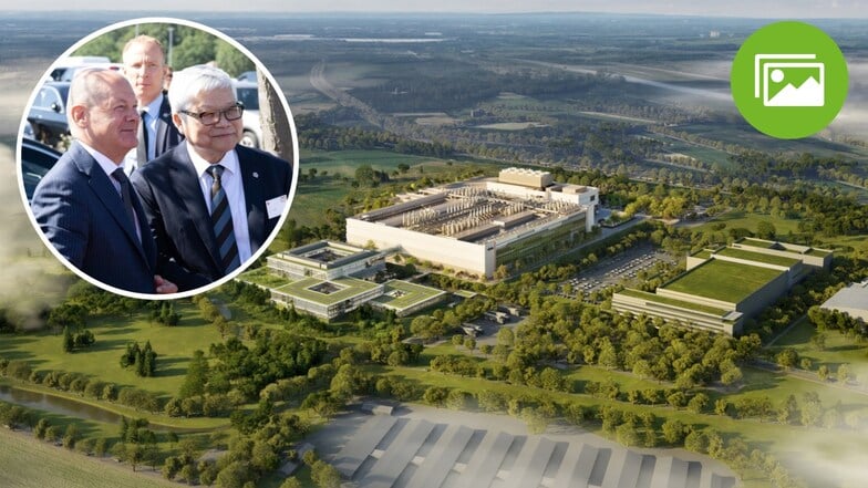 Bundeskanzler Olaf Scholz und TSMC-Chef C.C. Wei kamen am Dienstag nach Dresden, um den Startschuss für das neue ESMC-Werk in Dresden zu geben. Rechts die bestehende Bosch-Fabrik.