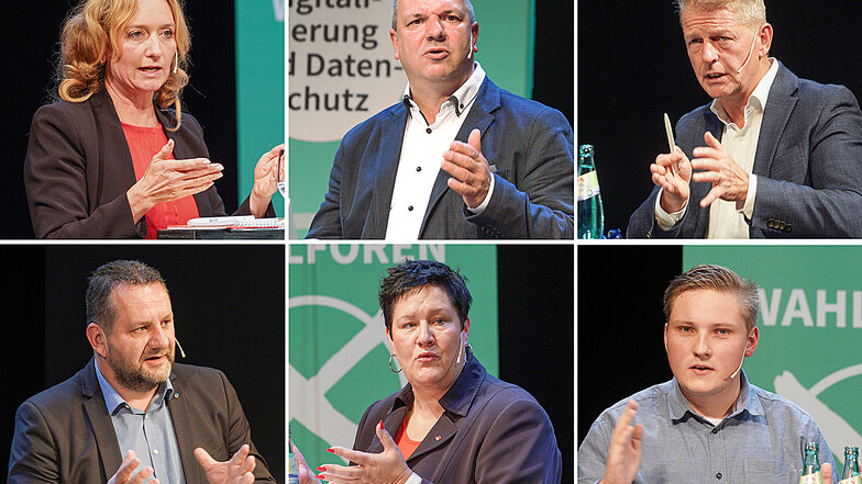 Die sechs Direktkandidaten der bisher im Bundestag vertretenen Parteien für den Wahlkreis Bautzen I positionieren sich beim Wahlforum.