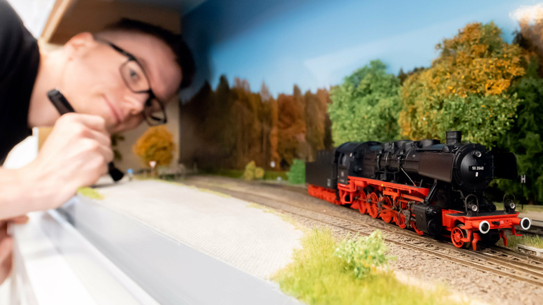 Im neuen Modellbahnshop: Kevin Pilkowski zeigt ein Diorama von Ingo Scholz aus Neustadt mit einer Dampflok.
