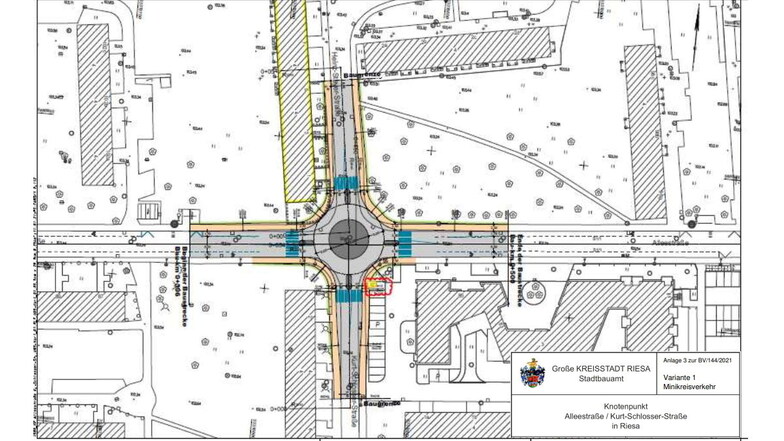 So sieht ein erster Entwurf der Stadt Riesa für einen möglichen Minikreisverkehr an der heutigen Kreuzung Allee-/Schlosser-/Steyerstraße aus. Blau hervorgehoben sind die Querungshilfen.