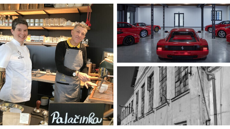 Petr Kakrda und seine Frau Lucie servieren Museumsbesuchern Kaffee und Palatschinken. Zu sehen sind künftig Ferraris (oben rechts). Standort ist eine Ex-Glasfabrik, im Bild unten vor der Sanierung.