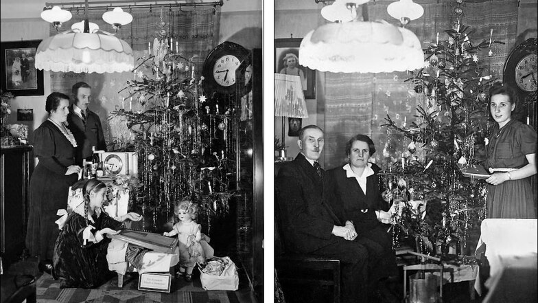 Der Vater von Ruth R., Jahrgang 1930, fotografierte sehr gern. Jedes Jahr zwischen 1929 und 1945 stellte Carl Moschkau die kleine Familie vor den Weihnachtsbaum und betätigte den Selbstauslöser. Das Foto links stammt von 1934, das Bild rechts von 1945: Ei