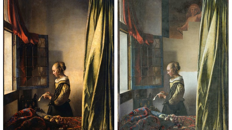 Links: Johannes Vermeers „Brieflesendes Mädchen am offenen Fenster“, wie man es kennt. Rechts: Aktueller Zwischenzustand mit teilweise freigelegtem Bild im Bild.