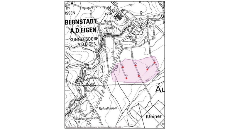 Das ist das ursprüngliche Windkraftgebiet auf Bernstädter Terrain. Die sechs Anlagen liegen alle innerhalb der gesetzten Grenzen.