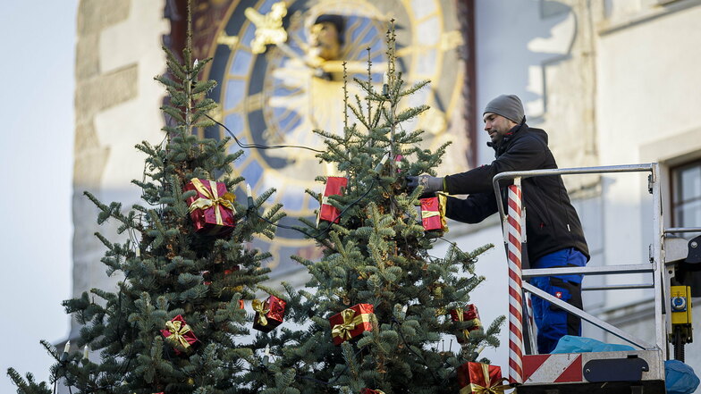 Stephan Kotz vom Städtischen Betriebshof schmückt am Mittwoch den Weihnachtsbaum auf dem Görlitzer Untermarkt.