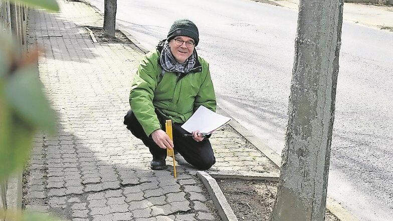 SZ-Redakteur Franz Herz mustert den Gehweg an der Ostseite der Rabenauer Straße in Dipps. Auch ohne Zollstock sind die Löcher offensichtlich.