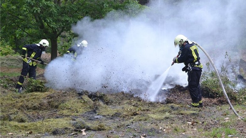 Die Kameraden der Feuerwehren aus Kollm, Niesky und Sproitz mussten am Sonntag nach Kollm ausrücken, um dort brennende Gartenabfälle zu löschen. Foto: Rolf Ullmann