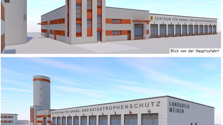 Klare Formen: So soll das neue Feuerwehrtechnische Zentrum aussehen, dass der Landkreis bis 2024 in Glaubitz bauen lässt.