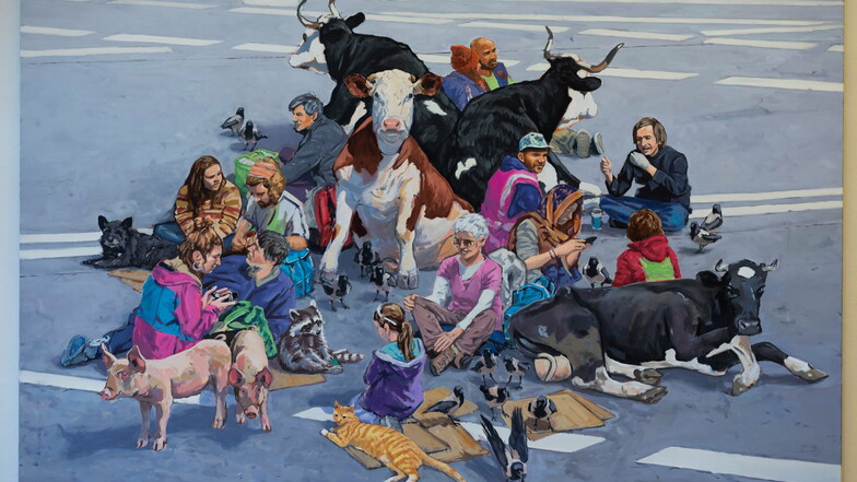 In Hartmut Kiewerts Gemälde "No Cars Go" treffen sich Mensch und Tier auf einer leeren Straße.