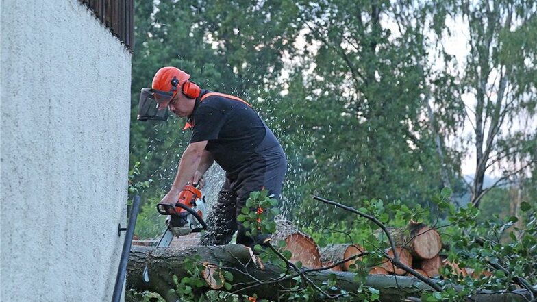 Geißmannsdorf: Steffen Samsa von der Freiwilligen Feuerwehr zersägt einen Baum, den der Sturm umgeworfen hatte.
