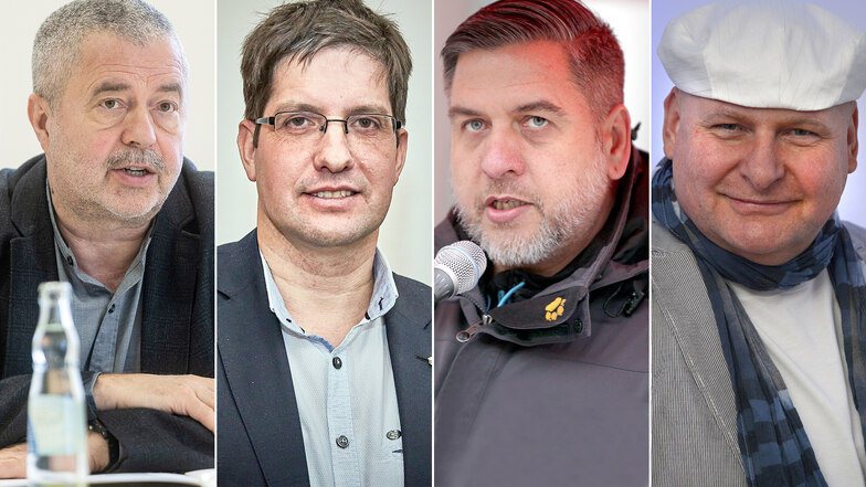 Das sind die vier Landratskandidaten in SOE (v.li.): Amtsinhaber Michael Geisler (CDU), Ivo Teichmann (AfD), Lutz Richter (Linke) und Andreas Hofmann (Freie Sachsen).