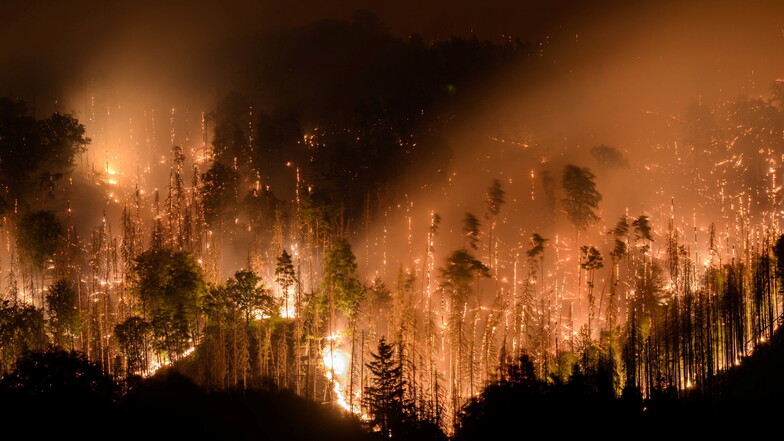 Blick auf den Waldbrand im tschechischen Nationalpark Böhmische Schweiz in Hrensko an der Grenze zu Sachsen.