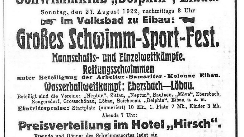 Schwimmfeste gehören zur Eibauer Badtradition: Nebenstehende Anzeige in der "Oberlausitzer Dorfzeitung" warb für ein solches Ereignis im August 1922. Zur Eröffnung 1920 hatte der Oberlausitzer Schwimmgau ein Wettschwimmen organisiert.