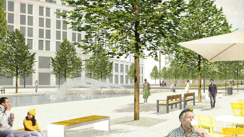 Unter Bäumen sitzen und das Wasser sprudeln hören: Der Dresdner Postplatz soll vor den neuen Mary-Ann-Apartments mehr Aufenthaltsqualität erhalten.