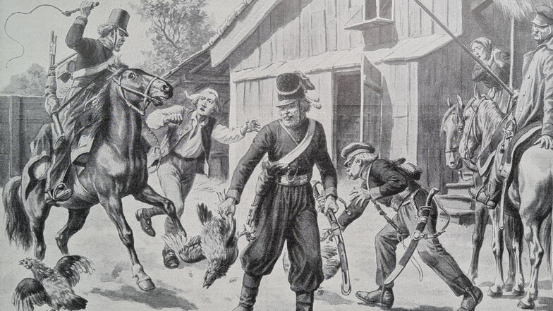 Kosaken plündern einen Bauernhof, 1813.