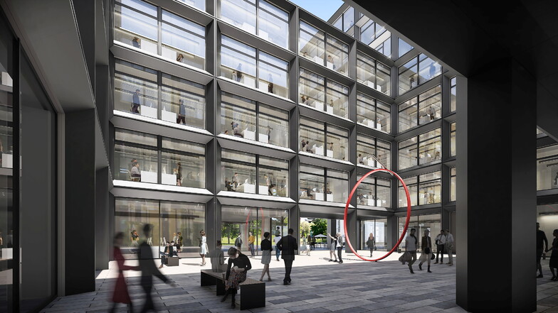 So soll das Kunstwerk "Reifentreiben" im Innenhof des neuen Dresdner Firmensitzes der Sachsen-Energie aussehen. Der Neubau hat eine markante dunkle Metall-Glas-Fassade.