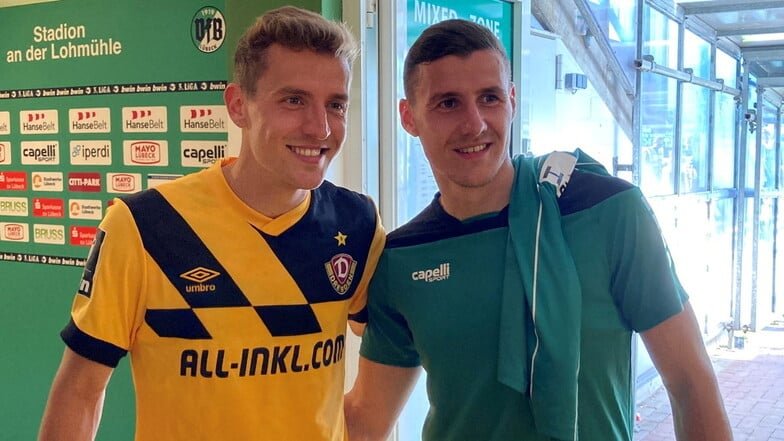Niklas Hauptmann (r.) geht mit Dynamo Dresden in eine weitere Drittliga-Saison, Marius Hauptmann wechselt vom VfB Lübeck zum Halleschen FC.
