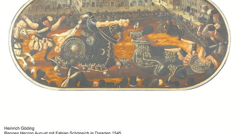 Nach dem Gemälde von Heinrich Göding d. Ä. wurde die obige Turnierszene nachgestaltet.Foto: Staatliche Kunstsammlungen