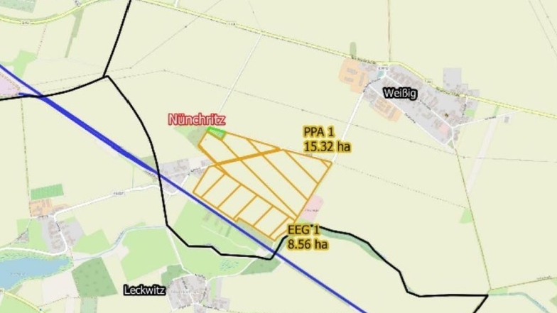 Auf der gelbschraffierten Fläche zwischen Weißig und Leckwitz soll eine 24 Hektar große Photovoltaikanlage entstehen.