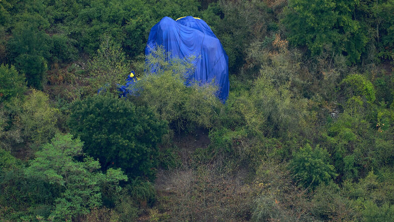 Die Hülle eines Heißluftballons hängt nach einem Unfall verfangen in Bäumen, oberhalb des Rheintals.