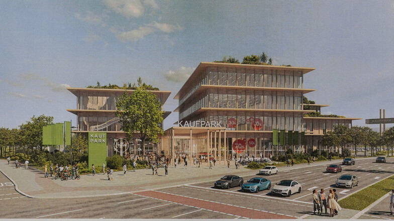 So sollen die beiden neuen Gebäude des Kaufparkes von der Dohnaer Straße aus gesehen aussehen.