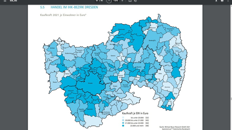 Zahlenspiegel der IHK Dresden zum Thema Kaufkraft je Einwohner in Euro. Die Daten sind aus dem Jahr 2021.