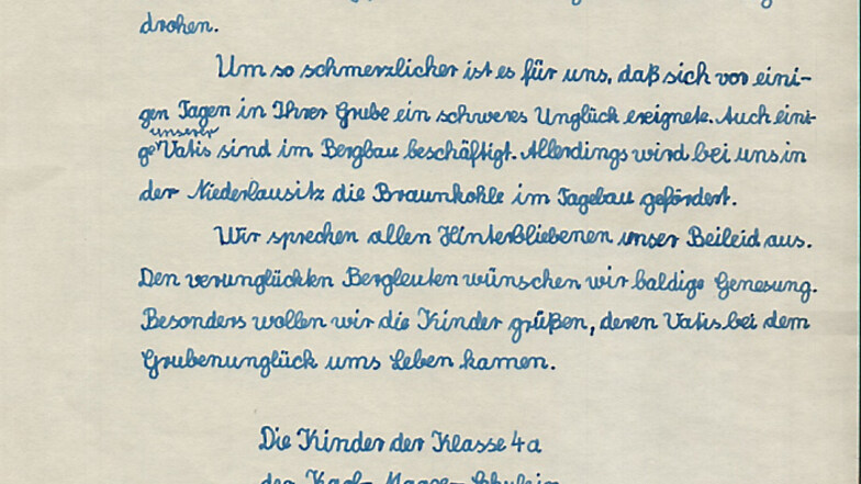 Der Brief der Klasse 4a aus Lauta aus dem Jahr 1962 an die Bergleute in Völklingen,