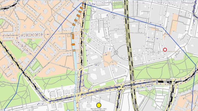Im Bereich etwa 600 Meter rund um den Fundort der Bombe (blaue Markierung) hat die Stadt Leipzig einen Sperrkreis eingerichtet. Dieser wird nun geräumt.