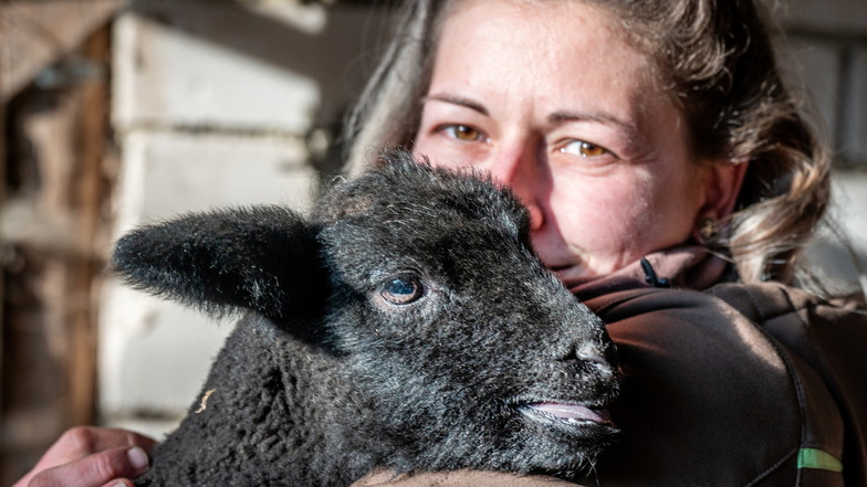 Stephanie Rohlfs mit einem in dieser Woche geborenen Lämmchen. Die Tierwirtin und ihr Mann sind Schäfer im Nebenerwerb. Zu ihrer Herde gehören etwa 40 Tiere. Wer nachfragt, kann sich die Tiere auf dem Bauernhof gern ansehen.