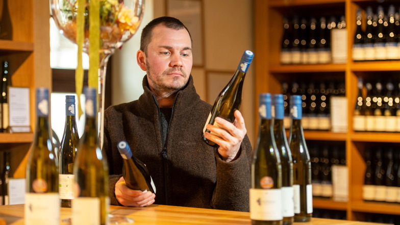 Das Weinjahr war schwierig, doch die Qualität ist gut: Kellermeister und Weinbauleiter des Weingutes Hoflößnitz in Radebeul, Felix Hößelbarth, in der Vinothek des Weingutes. Die Preise steigen hier bei einigen Weinen zwischen drei und 10 Prozent.
