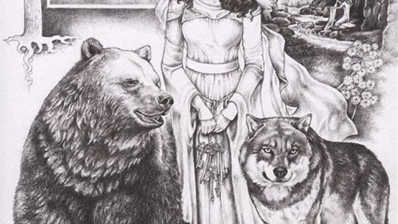 Gezeichnet: die Weiße Frau mit Bär und Wolf. Das Bild ist für eine Sage entstanden.