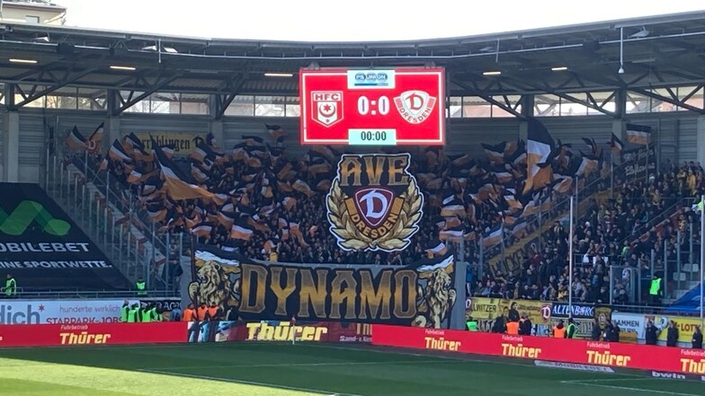 Vor Anpfiff der Partie schwenken die Dresdner Gästefans schwarz-weiß-gelbe Flaggen, 1.300 Unterstützer von Dynamo haben den Weg nach Halle gefunden.