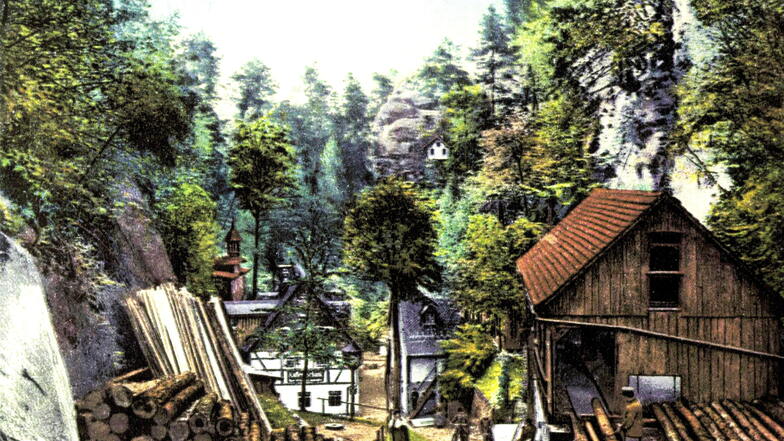 Die Rathewalder Mühle Anfang des vorigen Jahrhunderts. Holz wurde mindestens noch bis in die 1930er hinein geschnitten.
