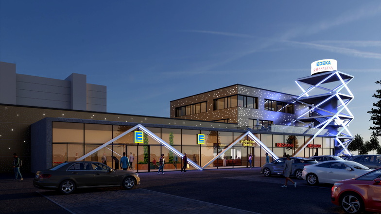 So sieht der fertige Entwurf für das Einkaufszentrum in Zauckerode aus. Einziehen sollen Edeka und Rossmann.