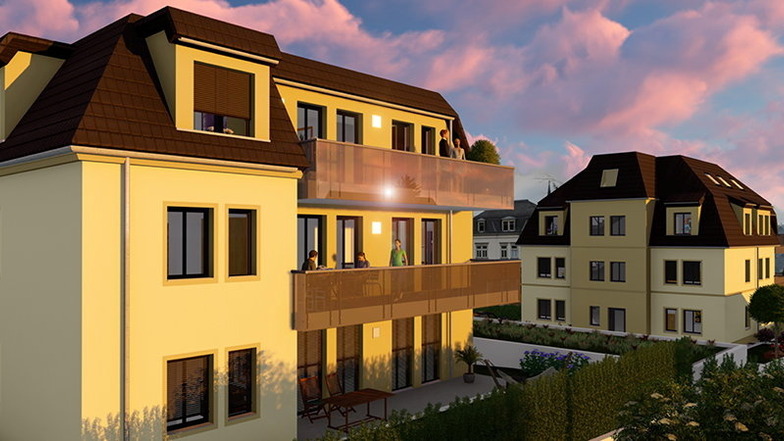 Die Stadtvillen Winzer-Duo in der Abendstimmung: Die Visualisierung gibt einen Eindruck von den beiden Neubauten. Man blickt vom Haus "Paradiesberg" auf das "Winzerhaus".