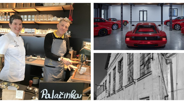 Petr Kakrda und seine Frau Lucie servieren Museumsbesuchern Kaffee und Palatschinken. Zu sehen sind künftig Ferraris (oben rechts). Standort ist eine Ex-Glasfabrik, im Bild vor der Sanierung.